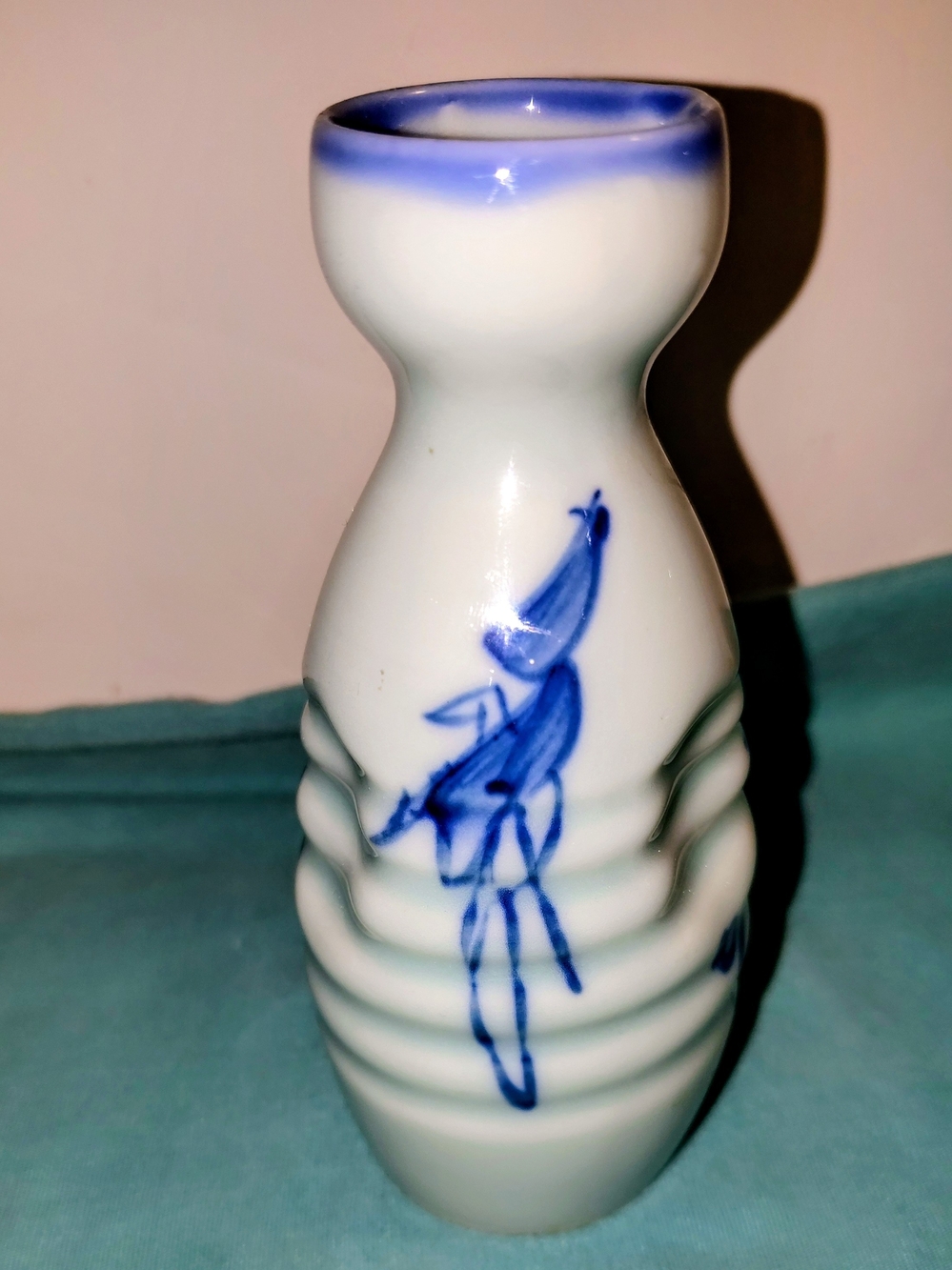 Vintage Japanese Hand Painted Blue and White Ceramic Bud Vase by